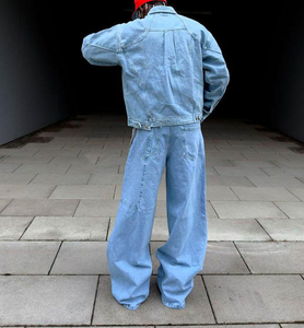 Pantalones Vaqueros Anchos de Mezclilla Lavada a la Piedra, Cintura Alta, Corte Holgado, Estilo Urbano, Jeans para Hombre con Decoración de Cadena, OEM ODM - Product Image 3