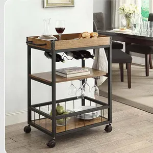 Wholesale Rustic Wood Metal Mobile Kitchen Rolling Bar Serving Trolley Cart With Wine Rack