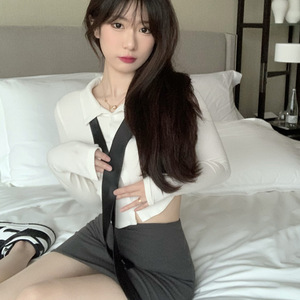Women's <b>Set</b> Long Sleeve Shirt With <b>Tie</b> Gray Bodycon Skirt Navel Exposed Solid Color Knitted Breathable Fashion Outfit - Product Image 3