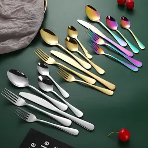 Set alat makan Stainless Steel 24 buah, Cubiertos, sendok garpu dan pisau emas perak