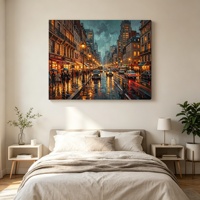 Tableau sur toile Paysage urbain Scène nocturne de rue de Paris Peinture à l'huile vintage Style Ville pluvieuse