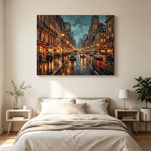 Tableau sur toile Paysage urbain Scène nocturne de rue de <span class=keywords><strong>Paris</strong></span> Peinture à l'huile vintage Style Ville pluvieuse - Product Image 3