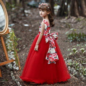Vestido largo de tul floral rojo para niñas, estilo princesa, disfraz para actuaciones en escenario. - Product Image 1