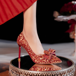 8777E-016 Pointed Toe Stiletto Heel Sequined Cloth Bridal Shoes <b>Red</b> With <b>Bow</b> Wedding Dress Pumps Super High 8cm Up - Product Image 5