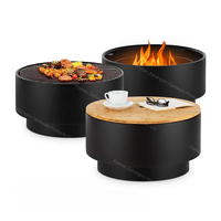 Brasero rond en acier 3-en-1 de 60 cm avec plateau amovible en bambou et grille chromée pour bois et charbon de bois, idéal pour jardin, patio et cour.