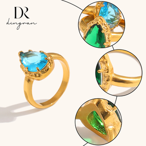 Cincin Pola Palu Batu Permata Biru dan Hijau Gaya Eropa dan Amerika Dingran, Lapisan Baja Anti Karat Berlapis Emas 18K - Product Image 2