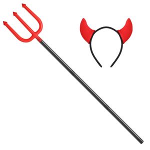 Halloween Cosplay Party Fork Prop Horror Red Devils Horns <b>Headband</b> and Pitchfork Trident Demon Kits Set - Product Image 1