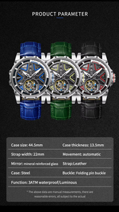 Skeleton นาฬิกาข้อมือผู้ชาย, นาฬิกากลไกอัตโนมัติ Tourbillon Movement หนังกันน้ำนาฬิกาทหารของผู้ชาย - Product Image 6