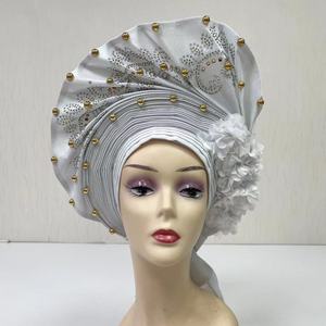 MH-1190 2024 Luxe pour femmes, <span class=keywords><strong>Aso</strong></span> Oke nigérian déjà confectionné, uni, avec strass, turban musulman africain, réglable, foulard pour femmes - Product Image 1