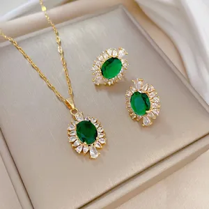 Conjunto de joias da moda em aço inoxidável esmeralda oval verde zircônia cúbica colar geométrico brincos
