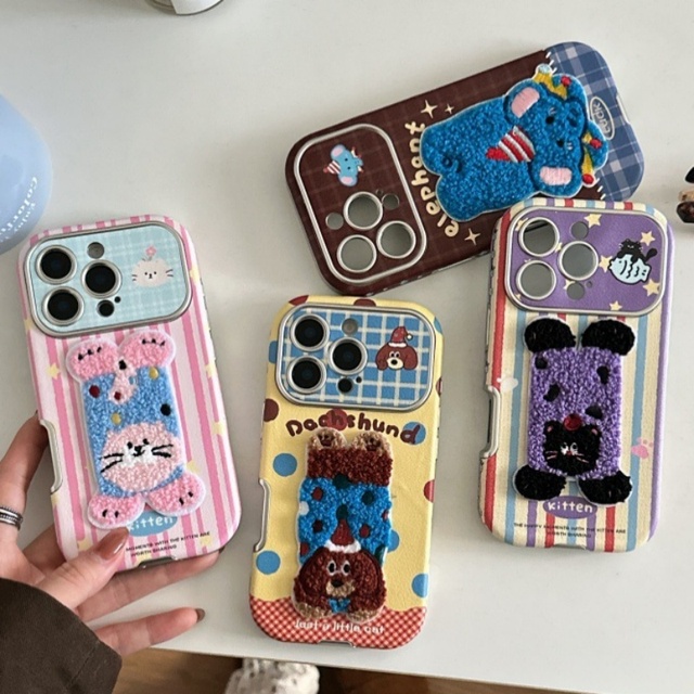 DIY plush cartoon cat leather cute mobile phone case 3D girls back cover for iPhone 11 12 13 14 16 17 pro max factory wholesale