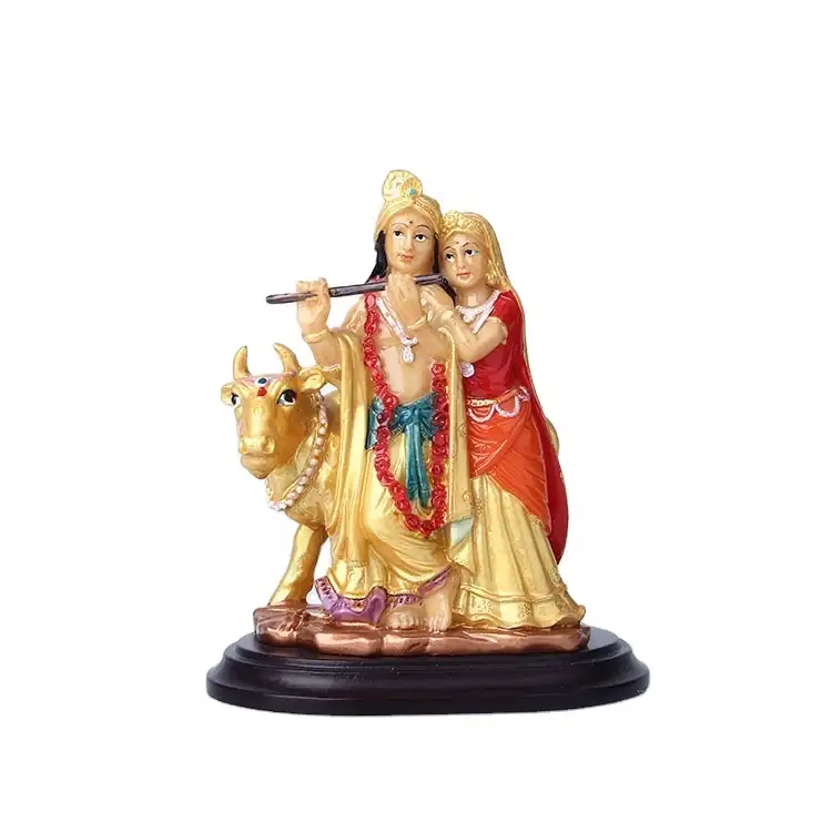 Yüksek kaliteli hint reçine toz Radha Krishna dekoratif reçine Radha Krishna alan inek heykeli