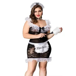 Sexy French Maid Uniform Black Lace Transparent Gauze women plus size lingerie