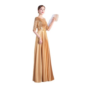 Women's Long Choir Dress Gold Satin 3/4 Sleeve Stage Performance Evening Gown Adult Formal Wear - Product Image 5