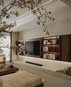 Mueble de TV de sala de estar de mármol pizarra montado en la pared de madera de lujo de diseño moderno - Product Image 6