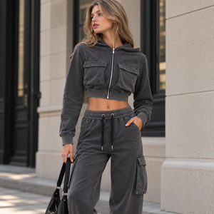 Custom women <b>acid</b> <b>wash</b> hooded crop jacket cargo wide leg pants set zip up hoodie trousers 2 piece casual streetwear <b>tracksuits</b> - Product Image 1