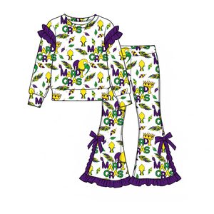 Pre-ordenar Conjunto de Ropa para Niñas Pequeñas de Mardi Gras: Camisa de Manga Larga, Pantalones Acampanados, Lazos, Volantes, Estampado, Conjuntos a Juego para Hermanas, Ropa de Moda Infantil - Product Image 3