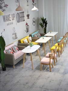 Tweezitsbankset grijs frame contrast kussens met stenen bladtafel en houten stoelen restaurant banktafelset fastfood - Product Image 2