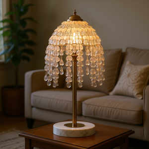 Lampe de table élégante de 19 pouces, design vintage en cascade, perles de cristal en forme de goutte d'eau, abat-jour en cristal, base texturée en marbre pour le salon - Product Image 2