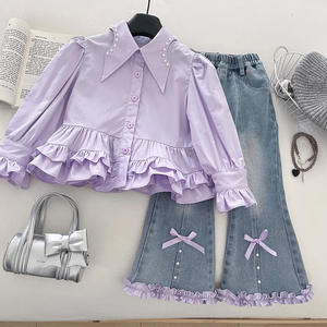 Set Sweater Kasual Bernapas dengan Hiasan Bunga 3D untuk Anak Perempuan Musim Gugur 2025 Gaya Korea Kemeja Rajut Celana <span class=keywords><strong>Jeans</strong></span> Model Melebar - Product Image 4