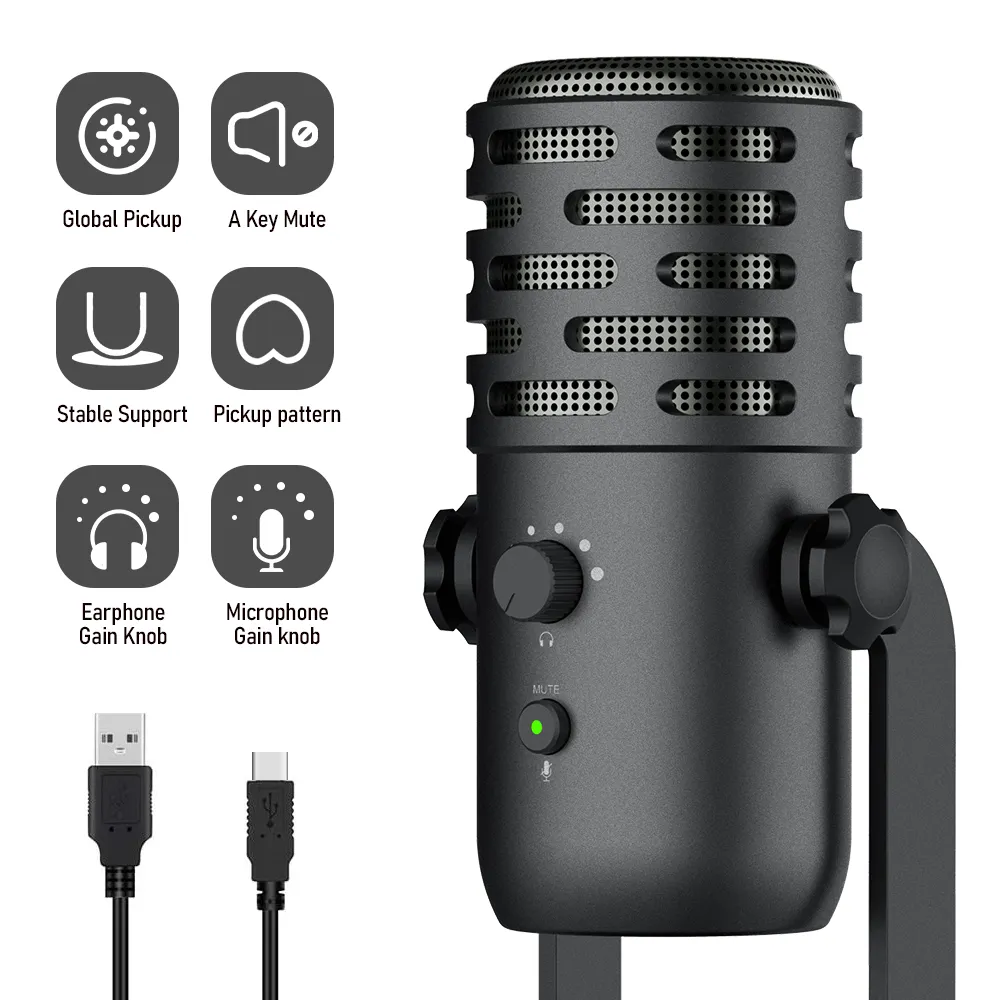 Microfone de mão tipo c com 24bit, cancelamento de ruído, alta qualidade, usb, para streaming ao vivo, vídeo em casa, youtube, conferência on-line