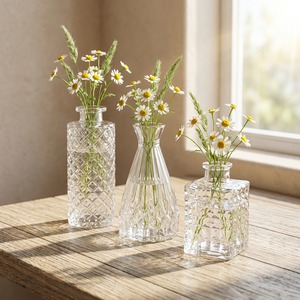 Vase à fleurs en verre transparent mini, style Cottagecore rustique, pour décoration de table, bouteille d'apothicaire vintage en verre gaufré, vente en gros - Product Image 1