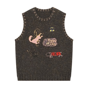 <span class=keywords><strong>Gilet</strong></span> in maglia di cotone <span class=keywords><strong>marrone</strong></span> con ricamo cartoon per <span class=keywords><strong>donna</strong></span>, capospalla autunnale corto, streetwear, vestibilità ampia, perfetto per la stratificazione - Product Image 5