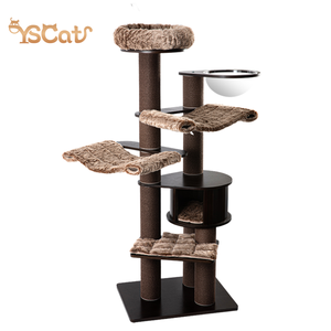 Pohon kucing kayu coklat mewah Modern dengan flanel mewah tempat tidur kucing Kondominium & menggaruk bahan Sisal untuk Natal - Product Image 1