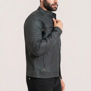 Chaqueta de Motociclista Informal de Cuero Genuino y Lona Transpirable Estilo Café Racer Gris para Hombre - Product Image 4