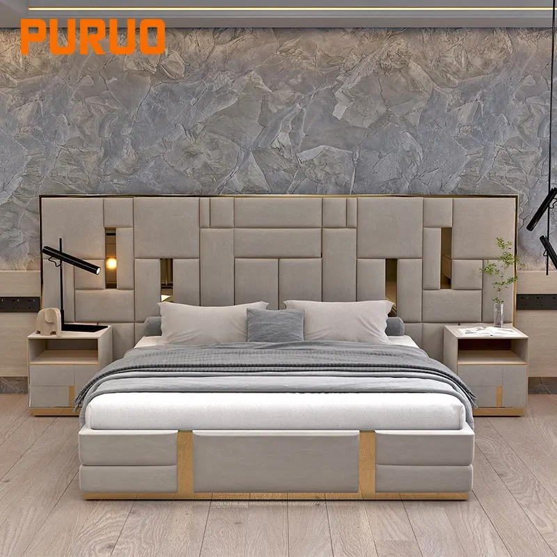 PURUOベッドルーム家具高級ホテルモダンレザービューティークイーンステンレススチールフレーム木製ベッド