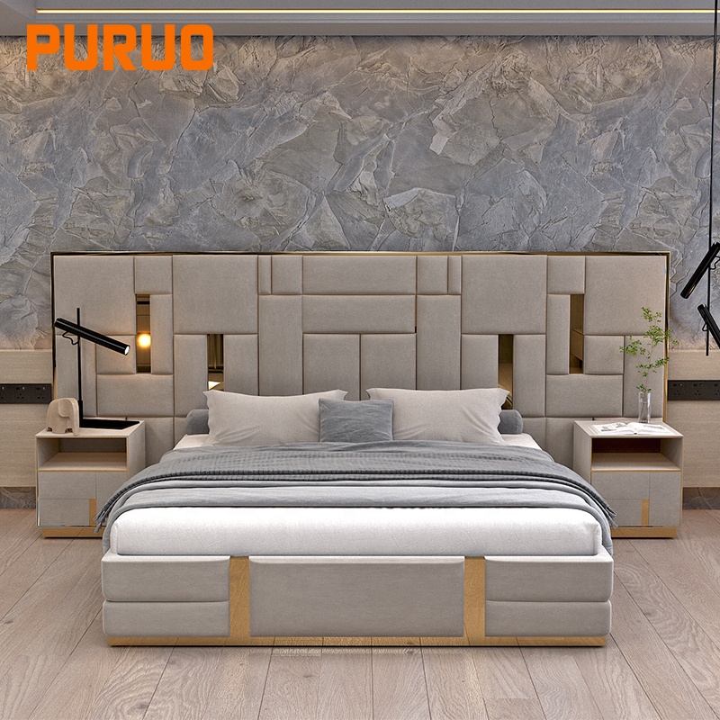 Мебель для спальни PURUO, роскошные современные кожаные кровати с деревянной рамой из нержавеющей стали