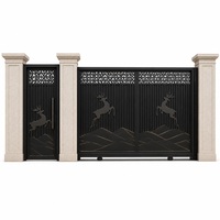 Portail coulissant en aluminium avec garniture noire et or, motif cerf, pour entrée de villa, couleur personnalisable
