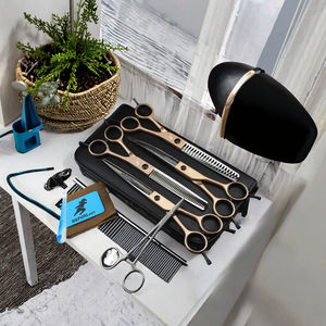 Ensemble de 3 ciseaux de toilettage pour animaux de compagnie en acier inoxydable, écologiques, couleur or champagne, à dents denses - Product Image 3