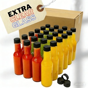 Bouteilles en verre vides en gros de 3 oz, 5 oz, 8 oz pour sauce piquante avec bouchon à vis noir et rouge, inserts en <span class=keywords><strong>plastique</strong></span> pour goutteurs et bandes thermorétractables - Product Image 1