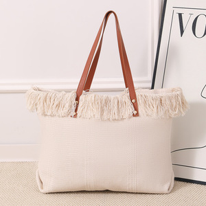 Hot Selling Large Capacity Fashion Durable Outdoor Shopping Tote <b>Bag</b> Student Woven <b>Beach</b> Shoulder Canvas <b>Bag</b> - Product Image 2