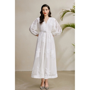 Robe à manches lanterne à col en V avec broderie creuse pour femmes <span class=keywords><strong>de</strong></span> luxe léger 2025 nouvelle jupe longue à simple boutonnage - Product Image 6