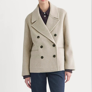 Abrigo casual elegante beige de mujer, de doble botonadura, corto, de mezcla de lana, tipo Pea Coat - Product Image 2