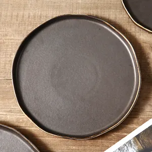 Platos redondos de cerámica negra, vajilla personalizada de postre para hotel y restaurante
