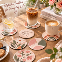 Ensemble de 6 dessous-de-verre en cuir bohème, motif floral rose en forme de cœur, absorbants, résistants à la chaleur, antidérapants, pour la maison, la cuisine, le bureau