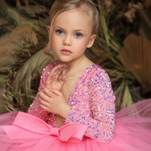 Vestido de Princesa de Tul Rosa Brillante con Lentejuelas para Niñas, Vestido Formal de Manga Larga para Boda, Actuación de Piano - Product Image 3