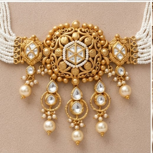 Classic 24K Gold Pearl Necklace <b>Set</b> With Matching Earrings Geometric Design <b>Bridal</b> <b>Jewelry</b> For Women - Product Image 5