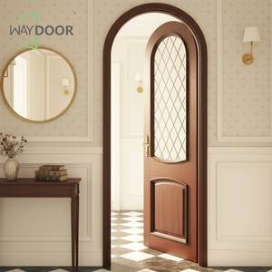 Puerta de Entrada Curva de Madera con Elegancia Gótica, Vidrio con Patrón de Diamantes, Madera Sólida de Caoba Africana y Roble, Puerta Frontal Arqueada - Product Image 2