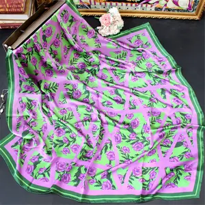 美丽奢华100% 桑蚕丝围巾106 * 106厘米方形绿色紫色花缎魅力优雅女士装饰