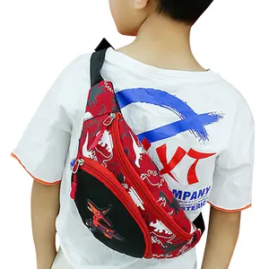 กระเป๋าคาดอกลายการ์ตูนไดโนเสาร์สำหรับเด็กชายหญิง,กระเป๋าคาดเอวผ้าใบมีซิปสีแดง