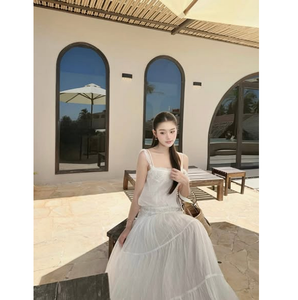Summer Women Boho <b>White</b> Two <b>Piece</b> <b>Set</b> Crinkle Chiffon Tiered Maxi Skirt Beach Vacation Resort Wear Custom Factory Price - Product Image 1