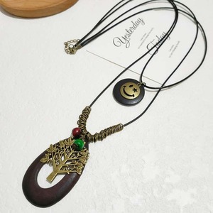 Estilo Étnico Vintage, Cuerda de Cera Negra Trenzada Hecha a Mano, Doble Capa, Cara Sonriente, Hueco, Patrón de Flores, Árbol DE LA Vida, Hoja, Collar de Madera - Product Image 6