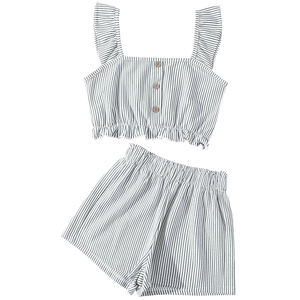 Completi Estivi <span class=keywords><strong>per</strong></span> Bambine, Set Carino con Maglietta a Righe con Volant in Maglia e Pantaloncini, Outfit in 2 Pezzi <span class=keywords><strong>per</strong></span> Uso Quotidiano e Feste - Product Image 5