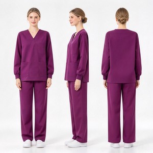 Ensemble uniforme de travail unisexe à manches longues, haut à col en V boutonné, pantalon droit à taille élastique, logo personnalisé pour hôpital et salon - Product Image 6