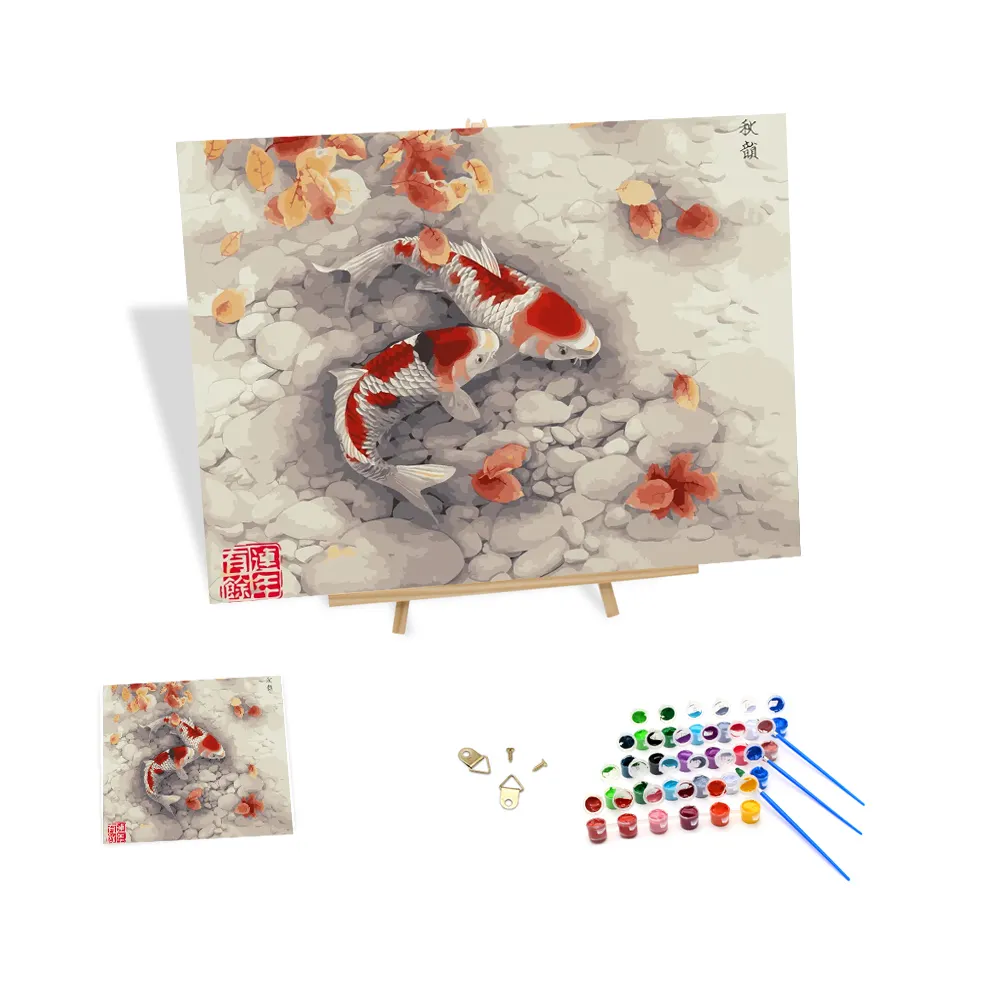 Chinese Style Oil Painting by Numbers Kits the Pond Koi Fishes Wall Decor Lucky Charm Posters Hand-painted by Numbers