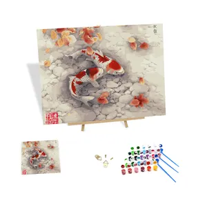 Chinese Style Oil Painting by Numbers Kits the Pond Koi Fishes Wall Decor Lucky Charm Posters Hand-painted by Numbers